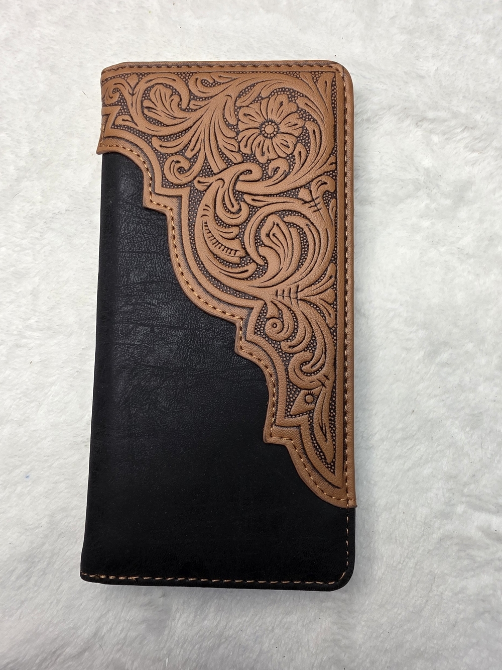 Montana West Black & Tan Tooled Leather Long Wallet